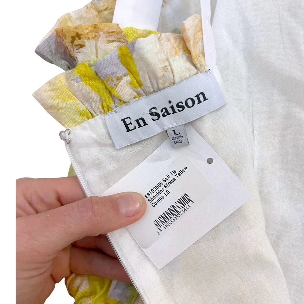En Saison Torrey Shirred Top Yellow Abstract Tie Strap Peplum Tank Large NWT - Picture 10 of 10